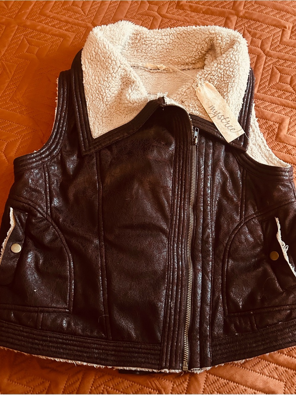 Mystree Black Faux Leather Vest with Cream Sherpa Lining